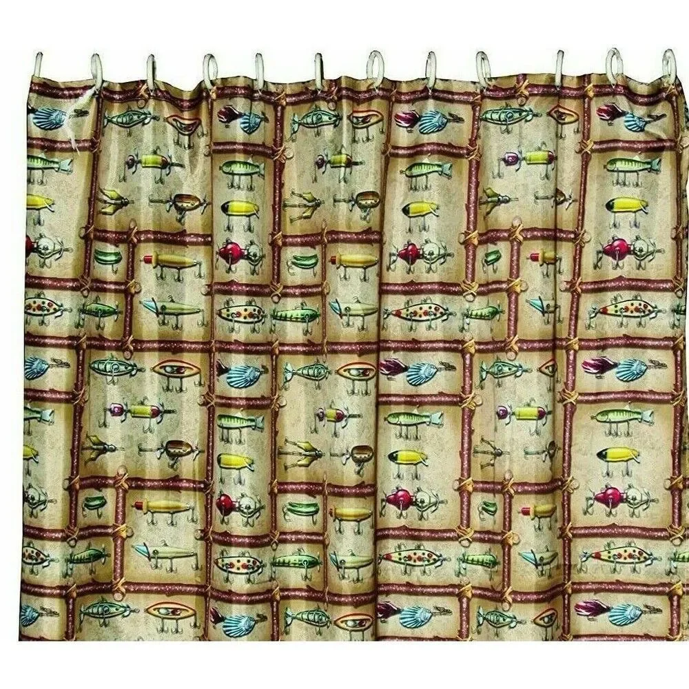 Antique Lures Shower Curtain Plastic Hooks Polyester Bath Fishing Rivers Edge